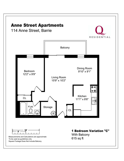 Floor plan for 1 bed, 1 bath, 615 sqft